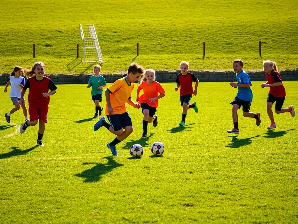 A group of students playing soccer on a school field, emphasizing the camaraderie and excitement of the sport.