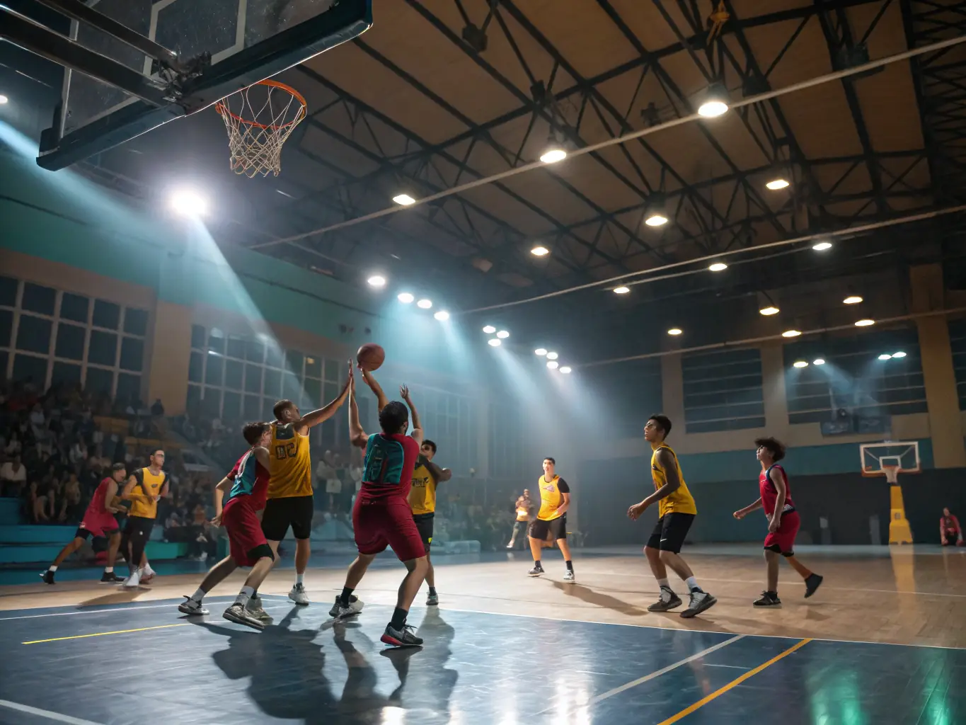 A dynamic image of students playing basketball in a school gymnasium, showcasing the energy and teamwork involved in the sport.