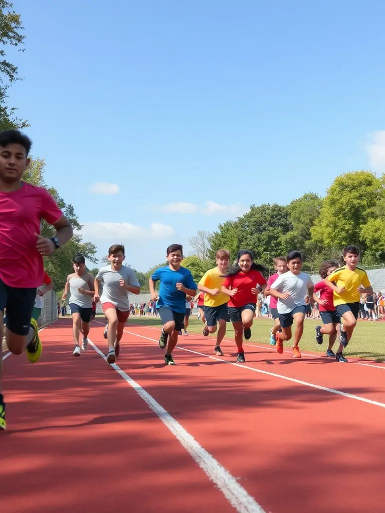 Students participating in a track and field event on the school's sports field, showcasing speed and endurance.