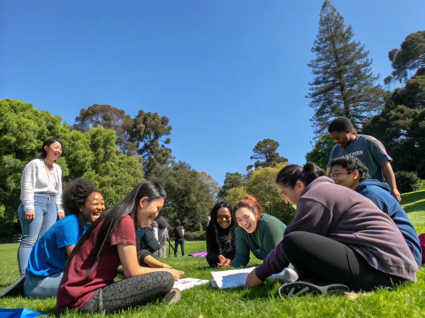 A group of diverse students laughing and working together during a team-building exercise at an ASSOCIATION SPORTIVE SCOLAIRE DE TOUVERAC DE TATRE event, emphasizing the organization's focus on teamwork and inclusivity.